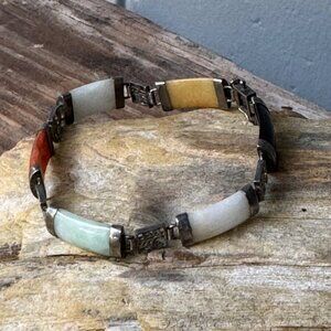 Sterling Silver Bracelet Unisex 7.5” Mixed Stone Panel Vintage 12.7g